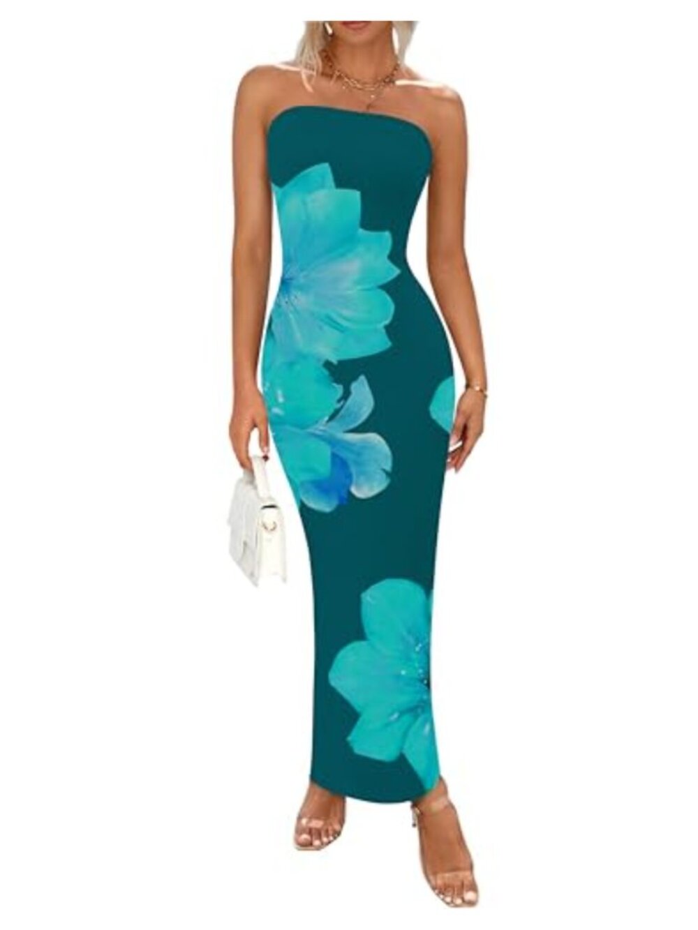 PRETTYGARDEN Strapless Bodycon Maxi Dress Floral Mesh Cocktail Formal